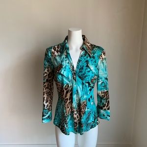 Cache Teal Blouse Sequin Leopard Animal Print Snap